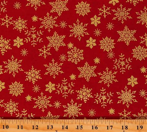 Cotton Holly Jolly Christmas Winter Metallic Gold Snowflakes on 